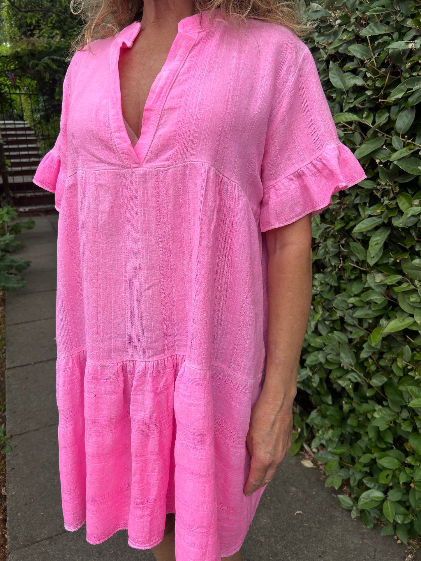 Neon Pink Frill Short sleeve tunic dress