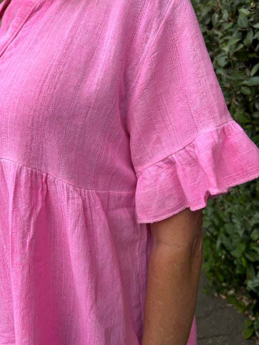 Neon Pink Frill Short sleeve tunic dress