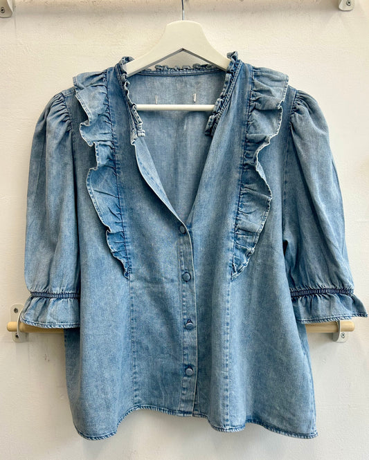 Ruffle detail denim 3/4 sleeve top size M