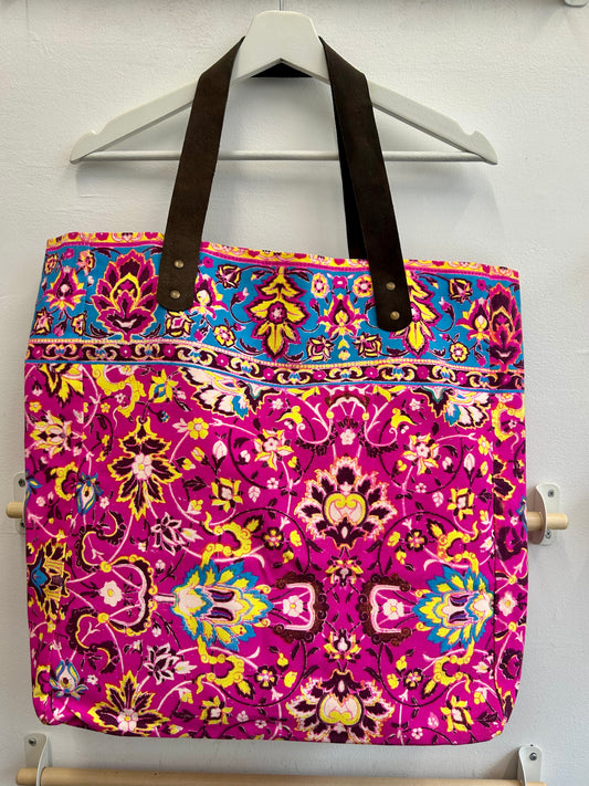 Cotton printed shopper with leather strap